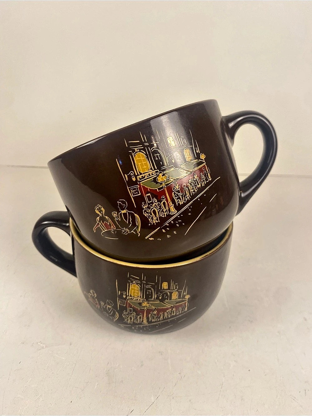 Vintage Brown & Yellow Large Stoneware Street Cafe Scene Coffee Soup Mugs 4.5”